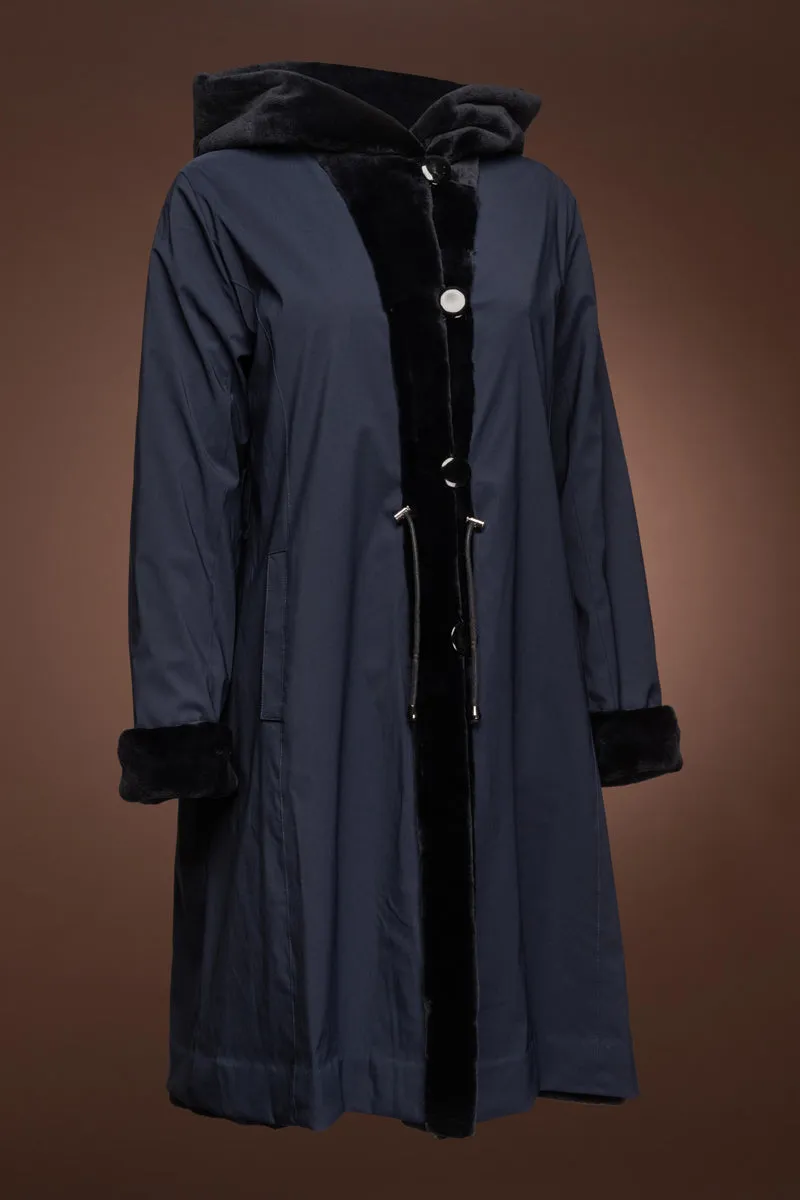 Navy Blue Reversible Hooded Sheared Mid-Length Mink Fur Coat