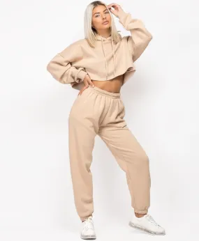 OVERSIZED CROPPED HOODIE & JOGGERS LOUNGEWEAR SET- SAND