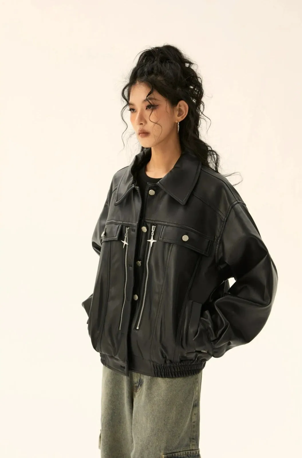 Oversized Faux Leather Jacket with Star Pendant Zip Detail