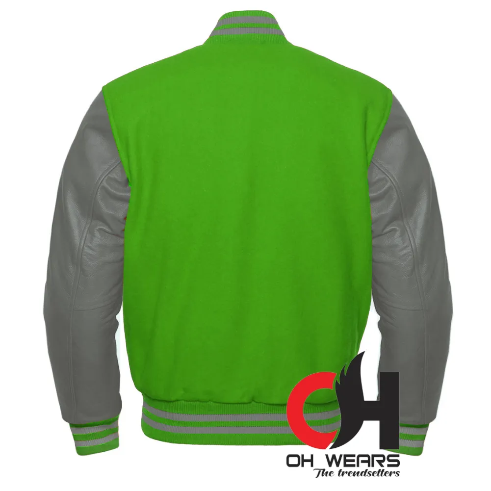 Parrot Green Wool and Genuine Grey Leather Sleeves Varsity Jacket