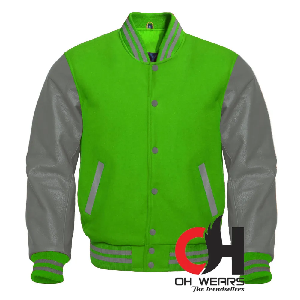 Parrot Green Wool and Genuine Grey Leather Sleeves Varsity Jacket