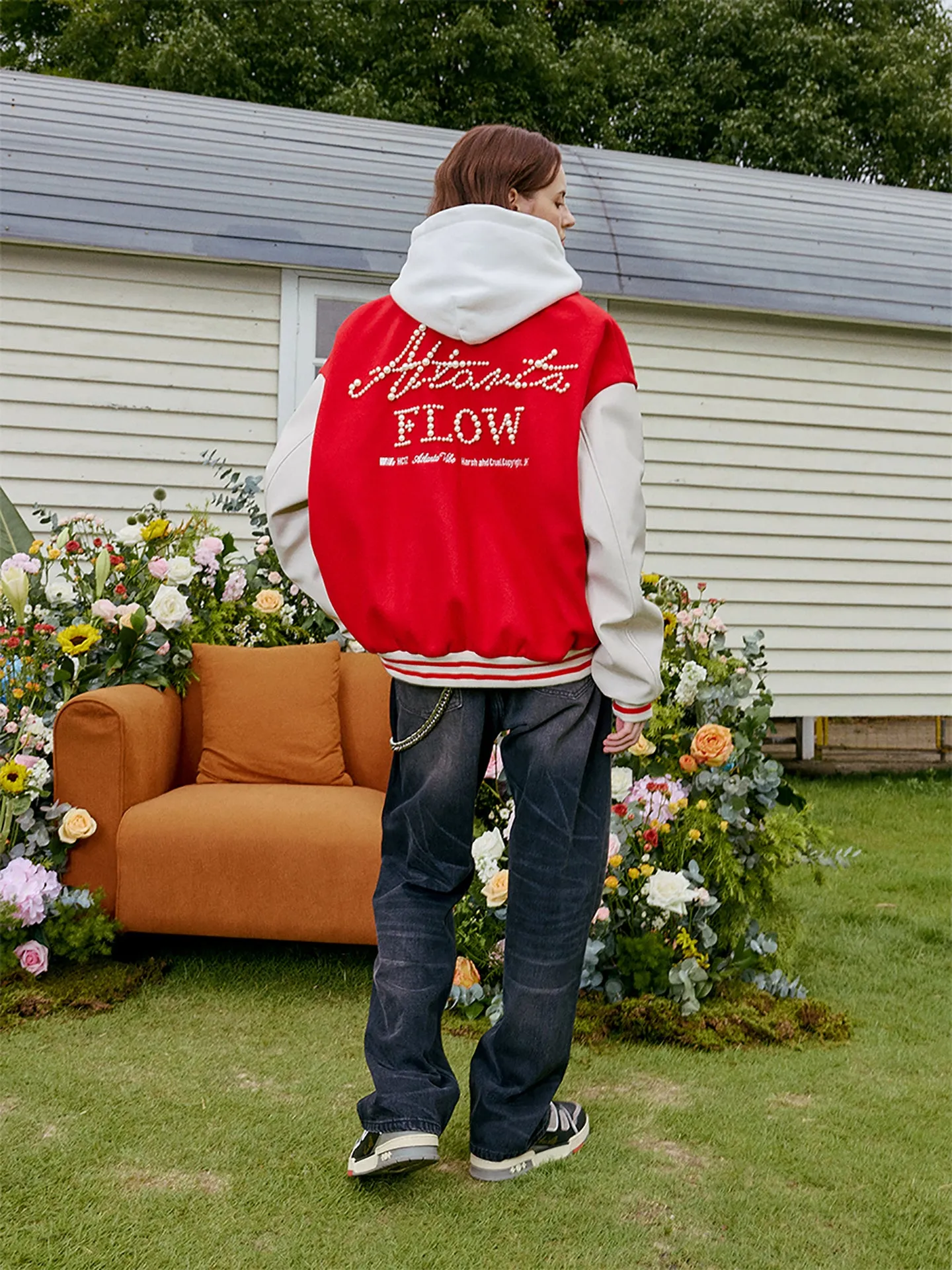 Pearl Embroidery Handwritten Text Lapel Baseball Jacket