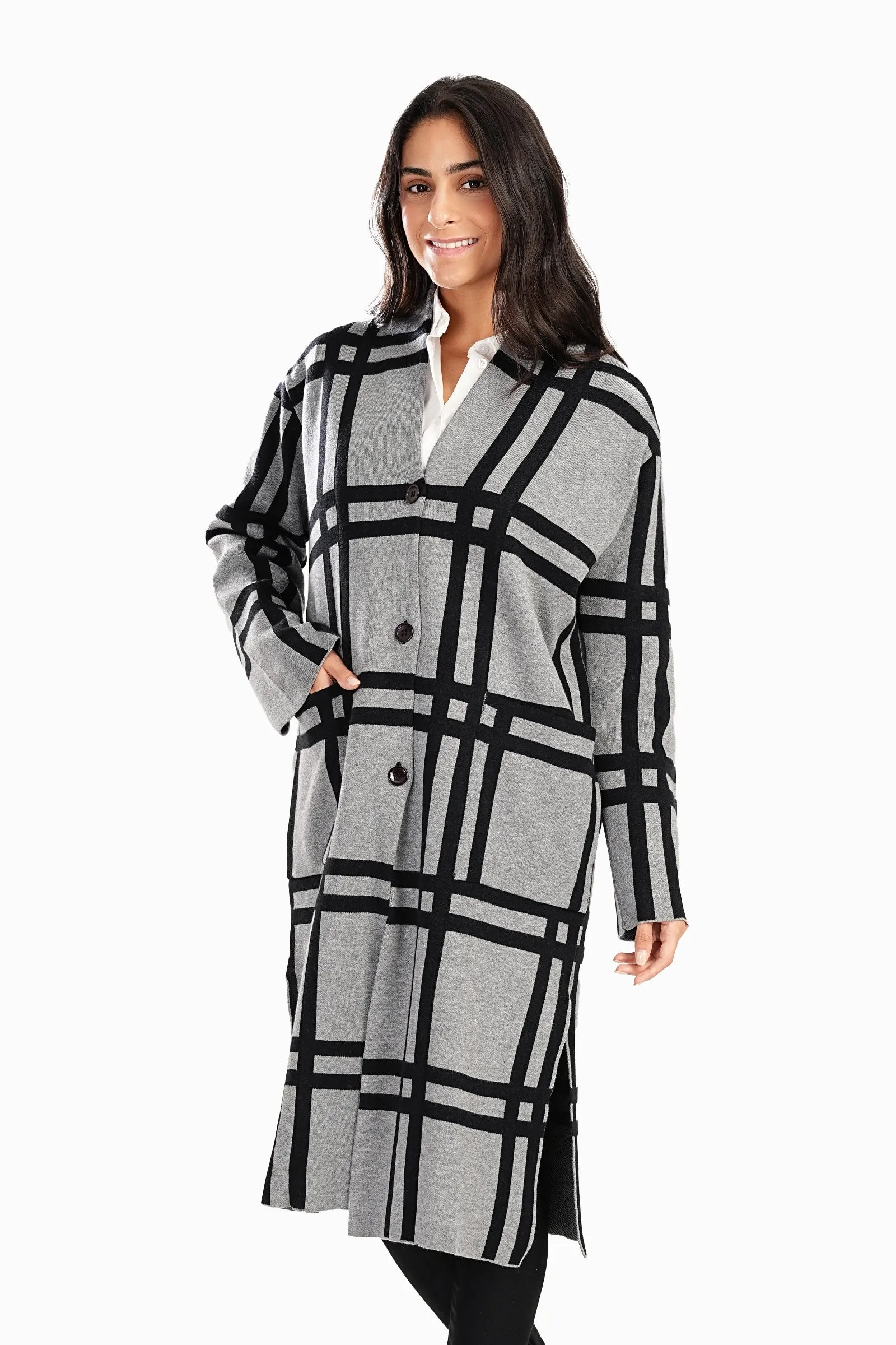 Plaid Pattern V-Neck Coat