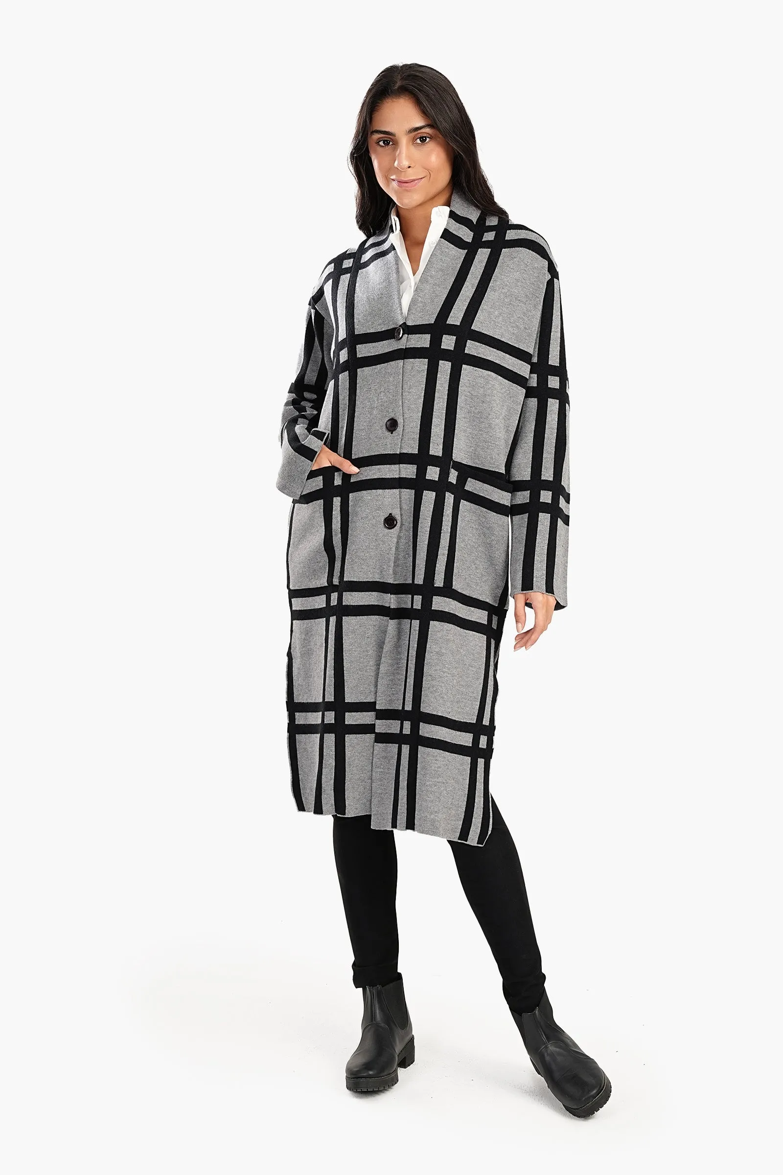 Plaid Pattern V-Neck Coat