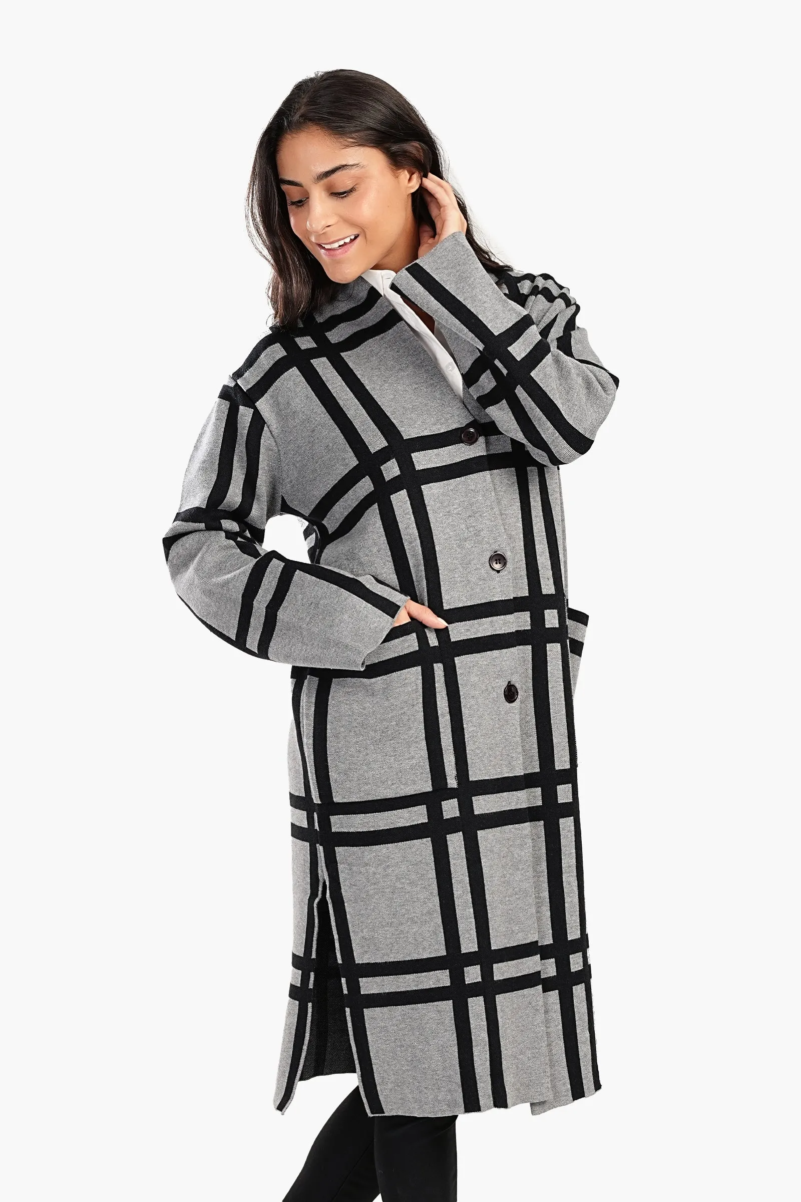 Plaid Pattern V-Neck Coat