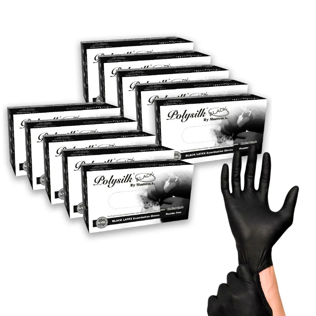 Polysilk by Shamrock Black Latex Gloves - Exam Grade, Powder Free (4 Mil), 100 Cases (Bulk)