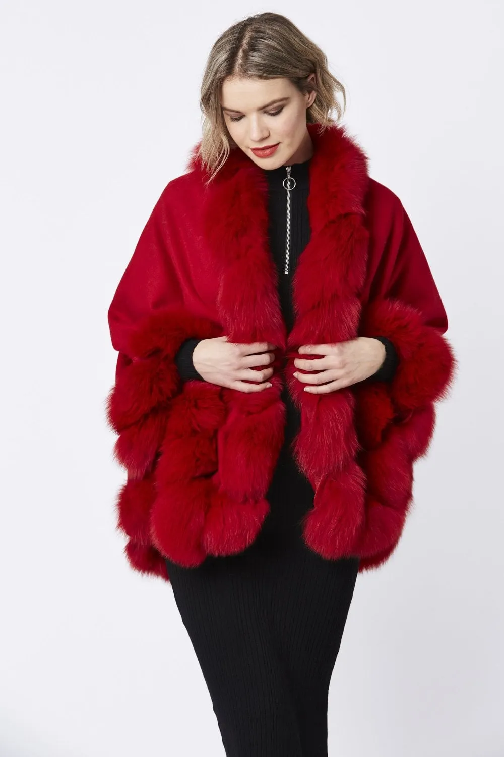 Red Evelyn Cashmere Cape with Fox Fur Trim