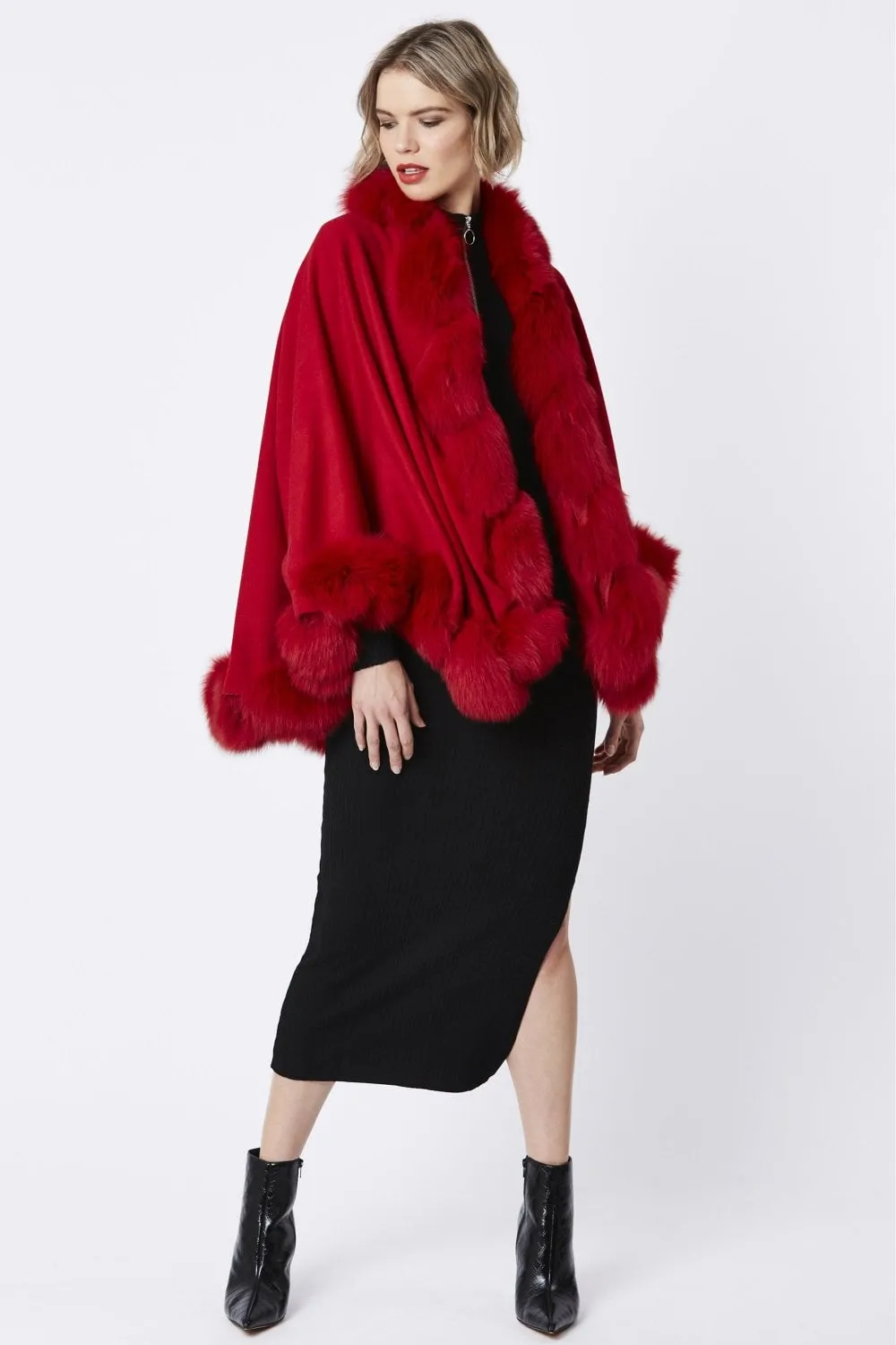 Red Evelyn Cashmere Cape with Fox Fur Trim