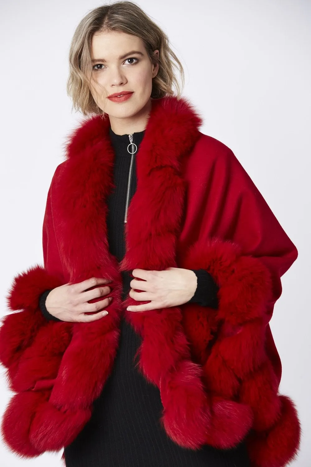 Red Evelyn Cashmere Cape with Fox Fur Trim