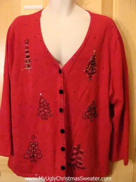 Red Holiday Sweater with Christmas Trees