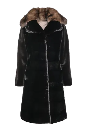 Reversible Black Horizontal Long Haired & Sheared Trench Mink Fur Coat - Sable Collar