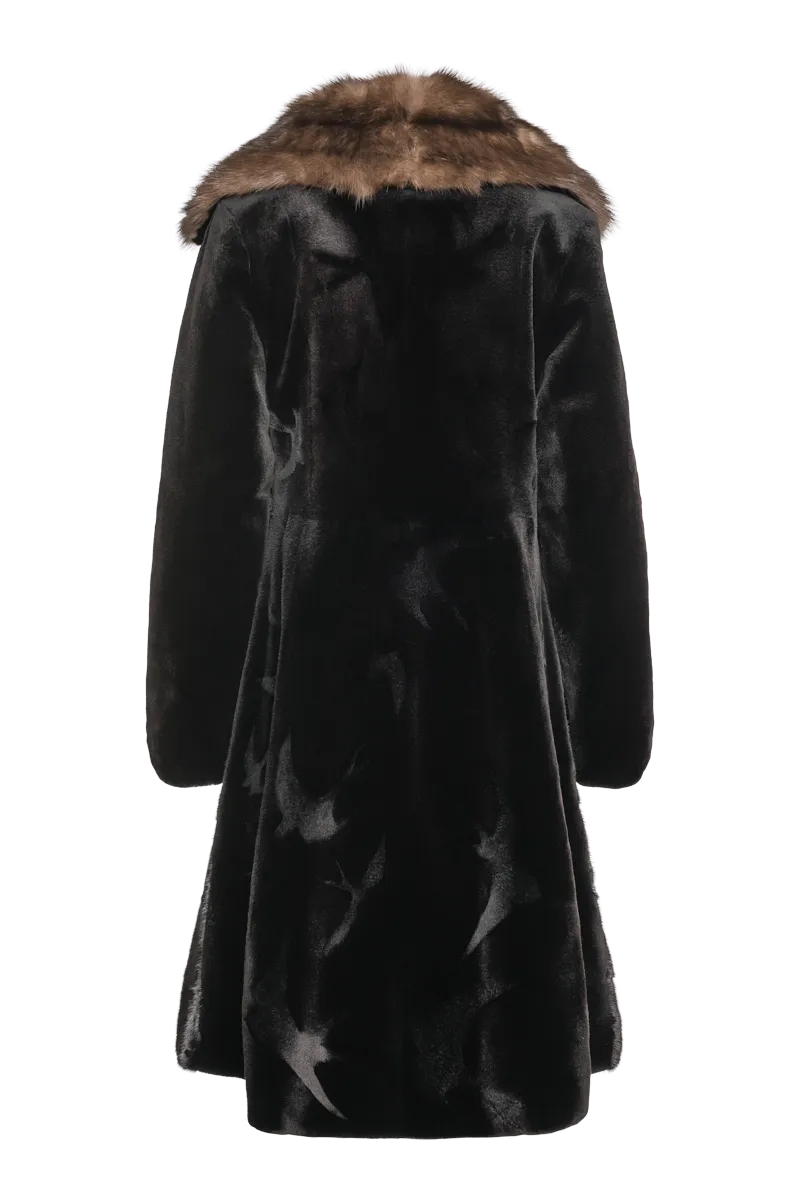 Reversible Black Horizontal Long Haired & Sheared Trench Mink Fur Coat - Sable Collar