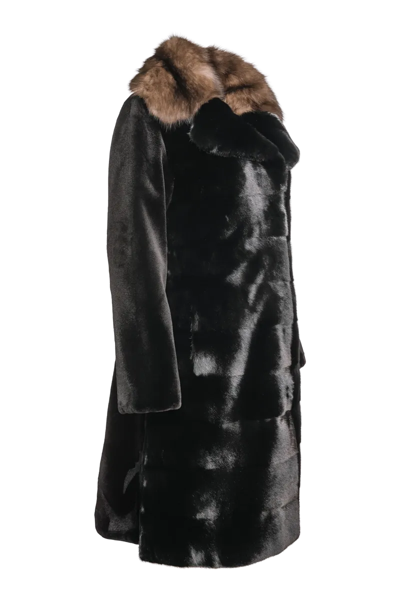 Reversible Black Horizontal Long Haired & Sheared Trench Mink Fur Coat - Sable Collar