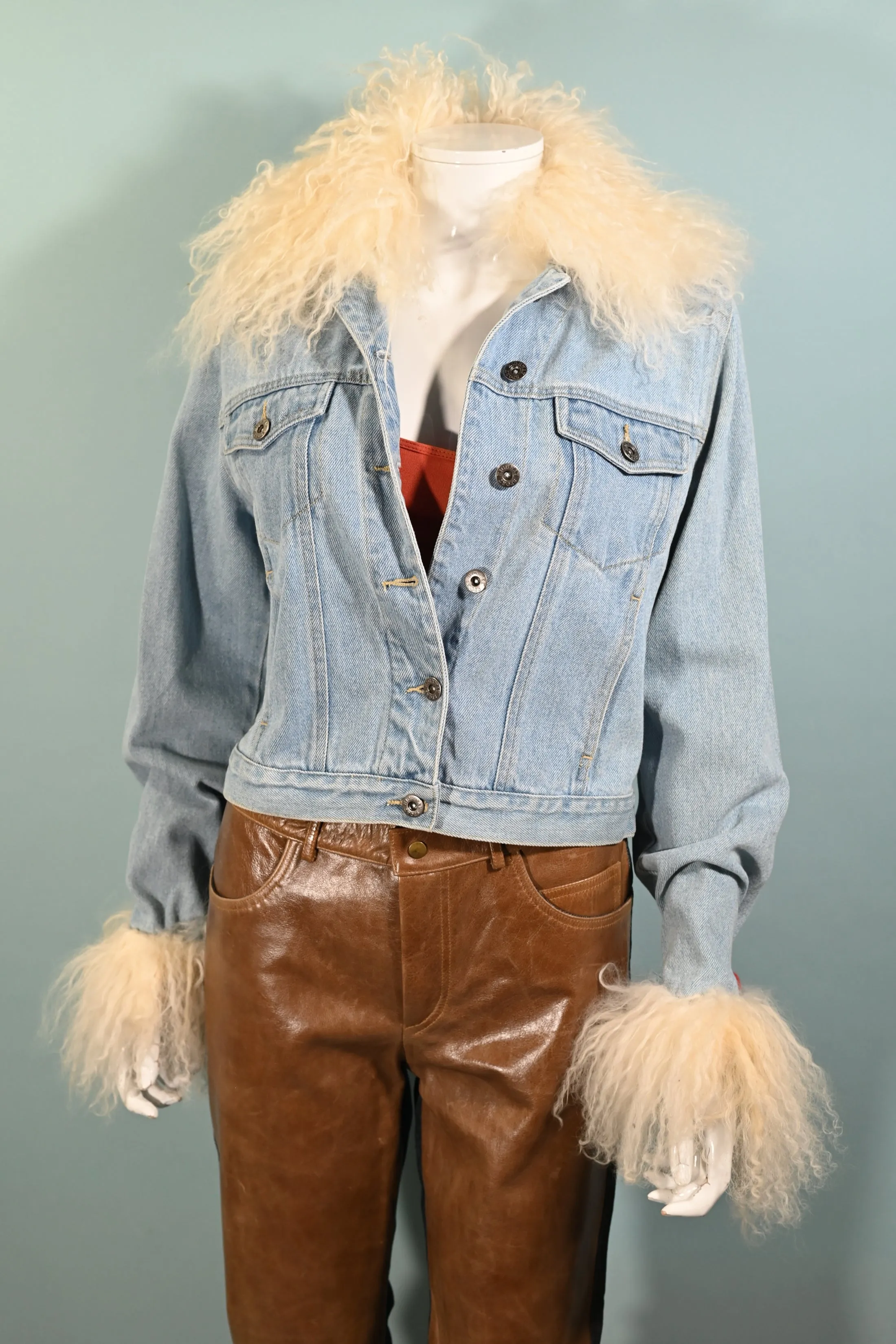 SOLD Vintage Denim Jacket/Mongolian Lamb Trim, OOAK Jacket