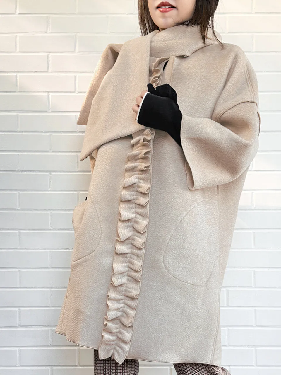 Taupe Ruffled Cashmere Luxury Cocoon Coat with Matching Scarf