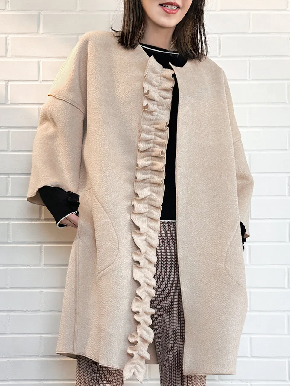 Taupe Ruffled Cashmere Luxury Cocoon Coat with Matching Scarf