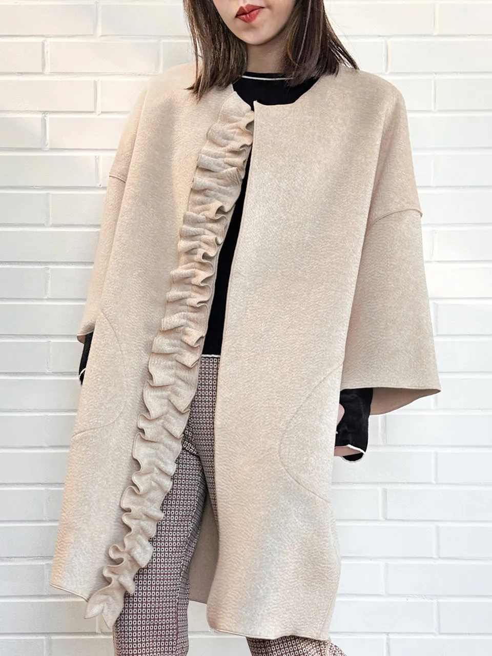 Taupe Ruffled Cashmere Luxury Cocoon Coat with Matching Scarf