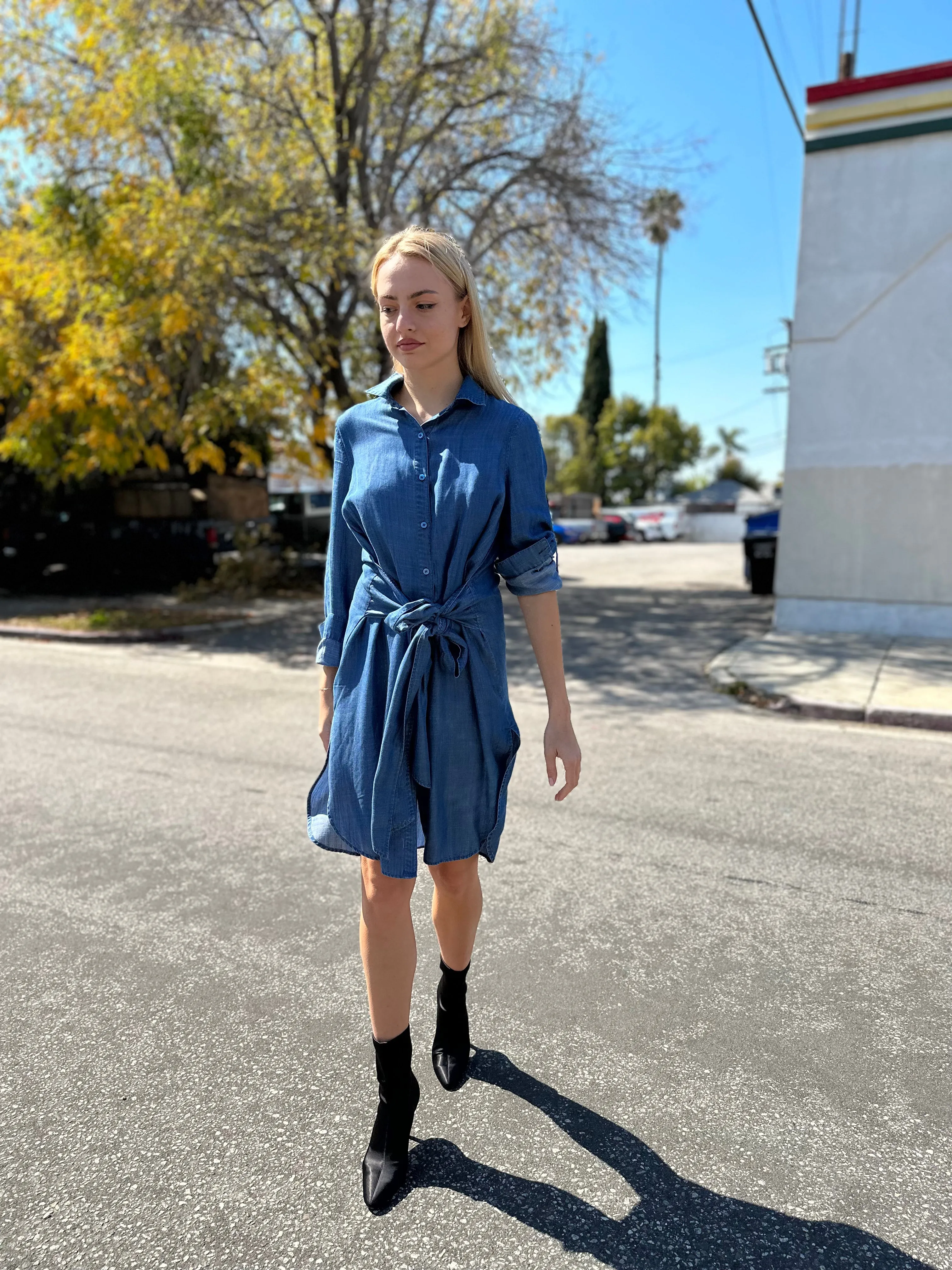 TIE WAIST DENIM SHIRT DRESS byMM