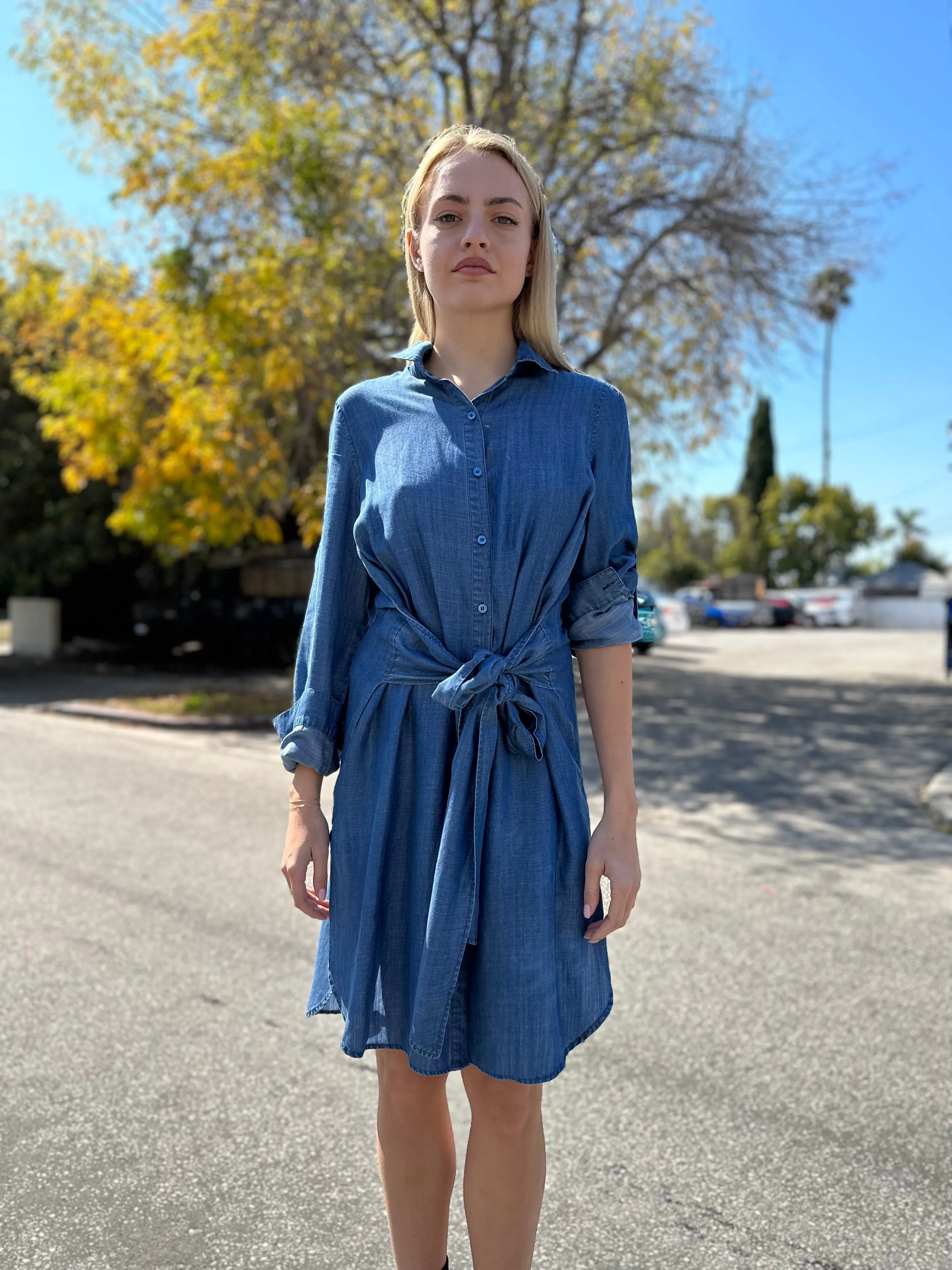 TIE WAIST DENIM SHIRT DRESS byMM