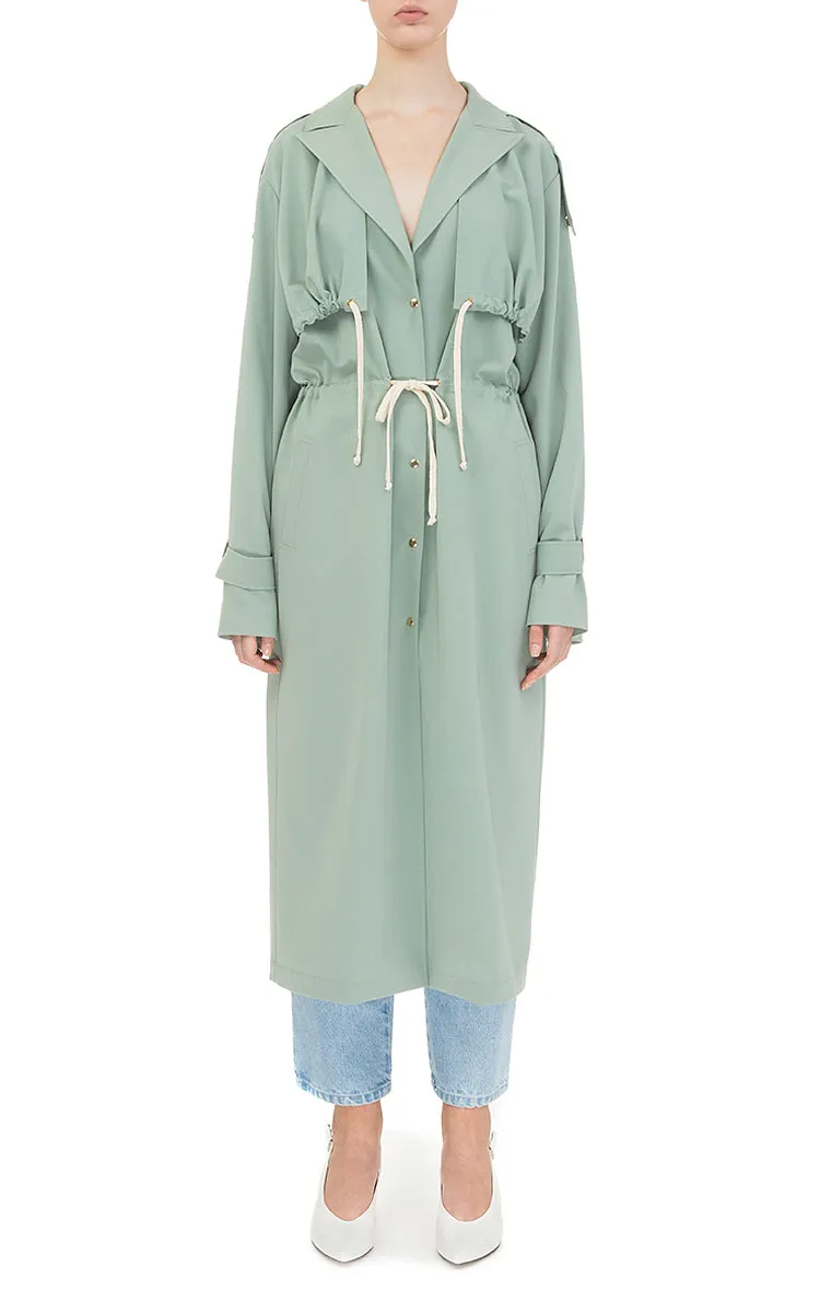 Trench coat with drawstrings