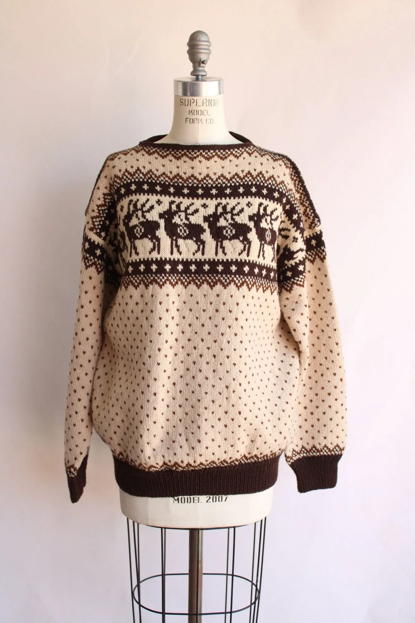 Vintage 1970s Lulle Otterstad Nordic Reindeer Pattern Brown and Cream Wool Sweater