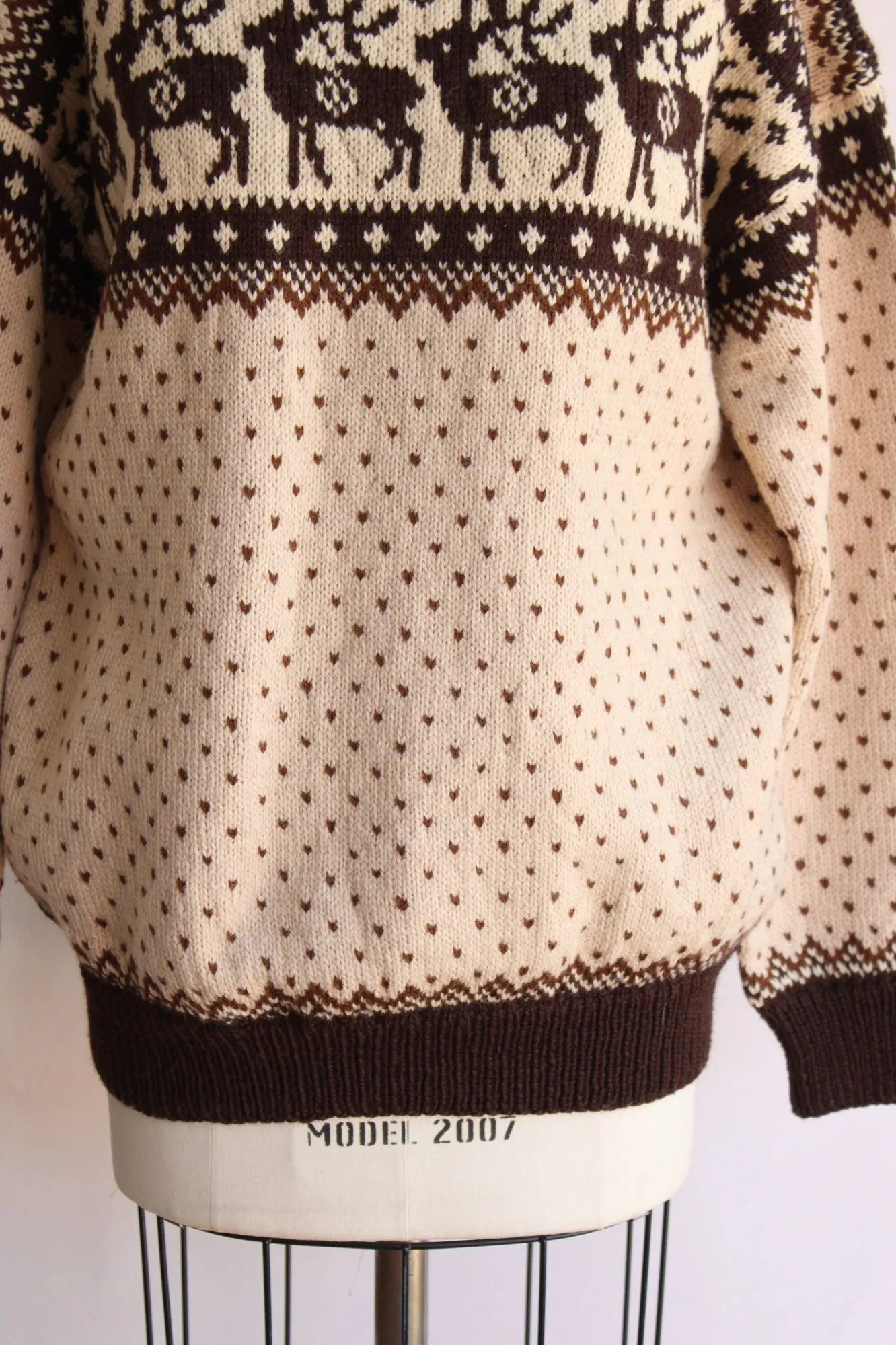 Vintage 1970s Lulle Otterstad Nordic Reindeer Pattern Brown and Cream Wool Sweater