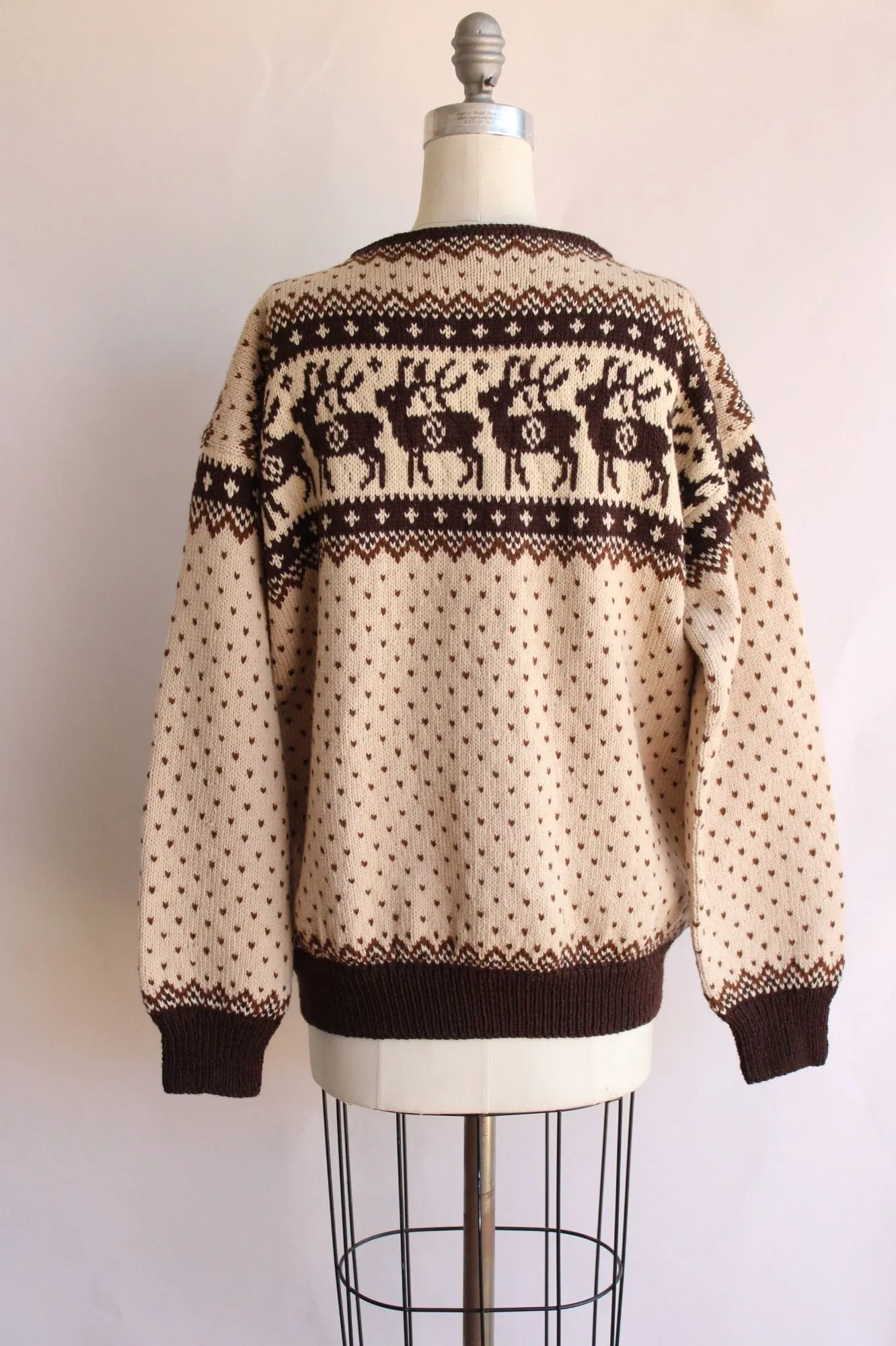 Vintage 1970s Lulle Otterstad Nordic Reindeer Pattern Brown and Cream Wool Sweater