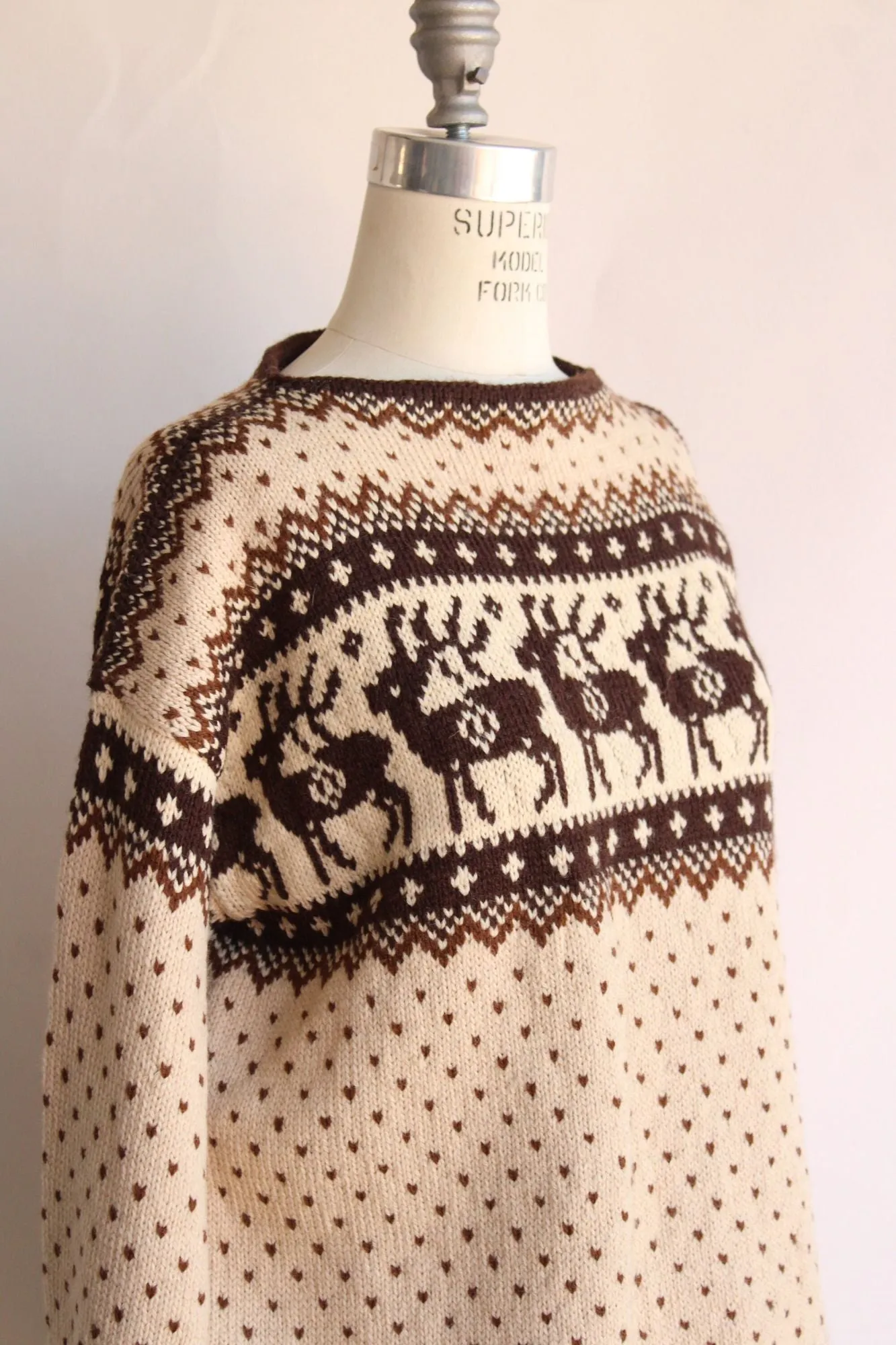 Vintage 1970s Lulle Otterstad Nordic Reindeer Pattern Brown and Cream Wool Sweater