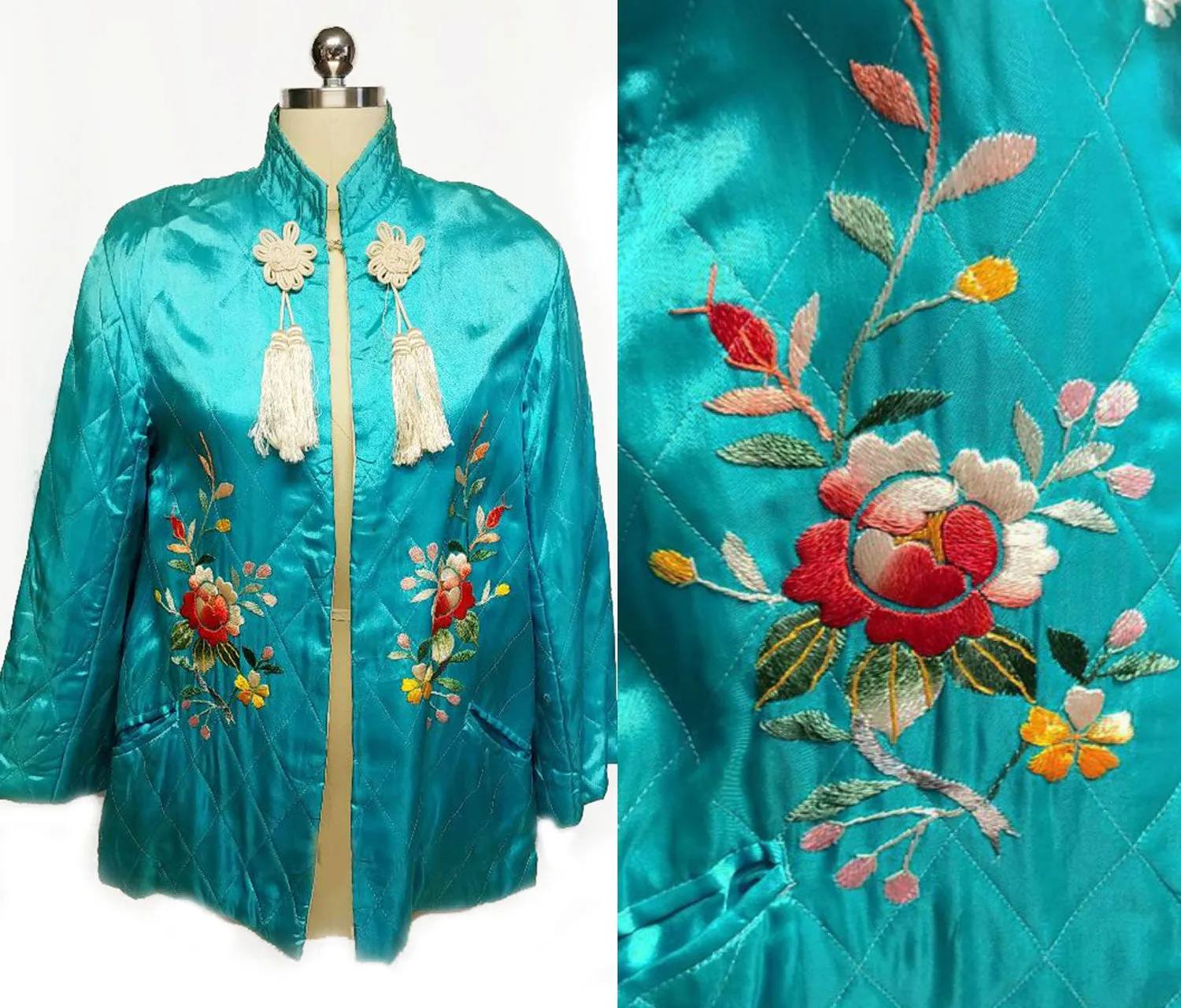 VINTAGE 50 60S ASIAN ORIENTAL TURQUOISE QUILTED JACKET WITH BEAUTIFUL FLORAL EMBROIDERY