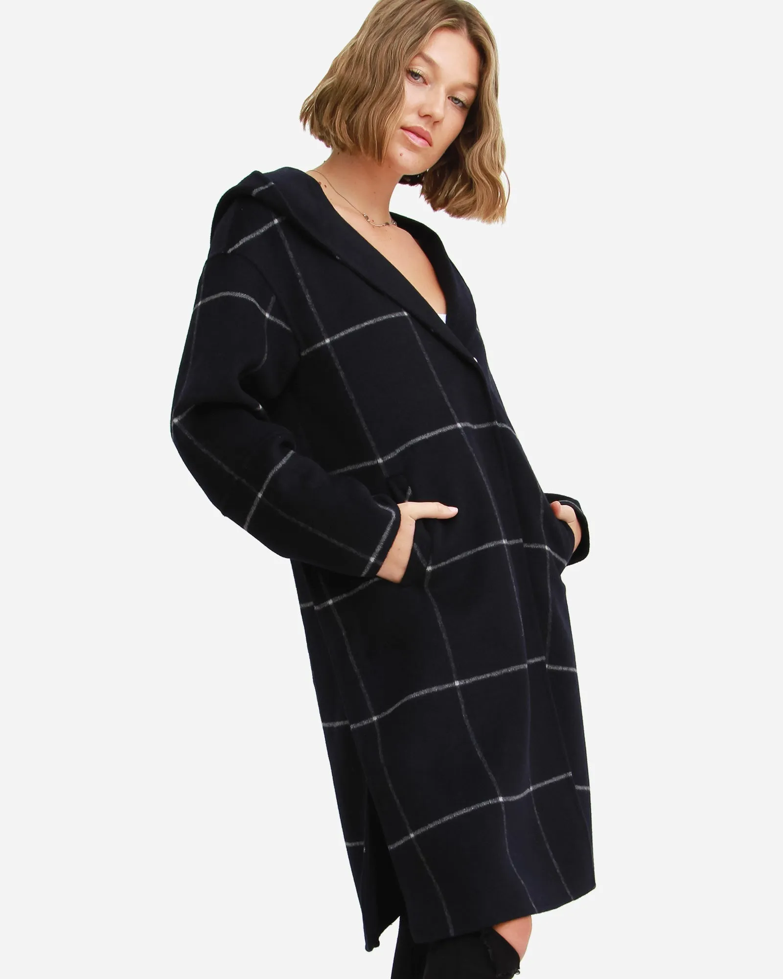 Walk This Way Wool Blend Oversized Coat  - Navy Plaid