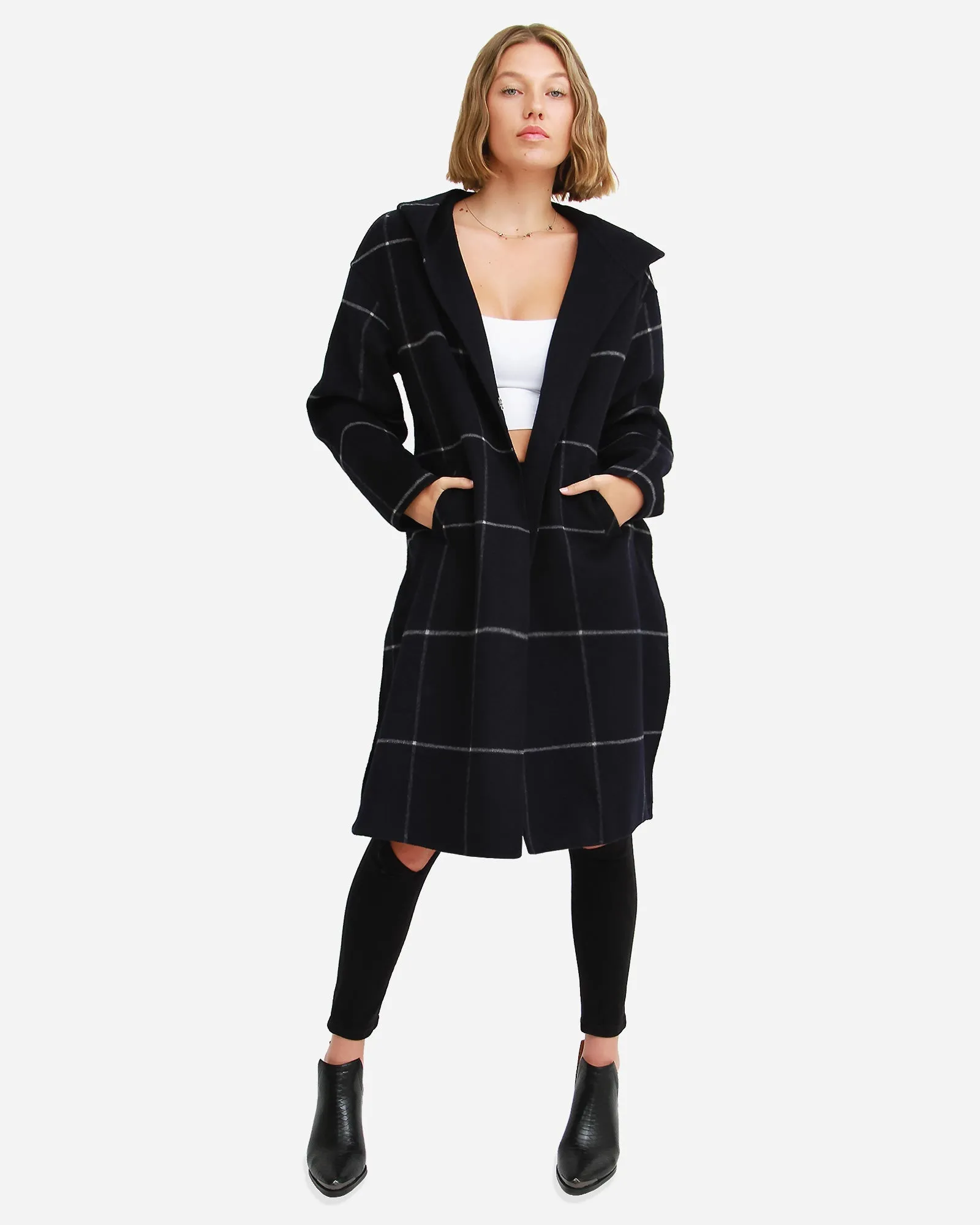 Walk This Way Wool Blend Oversized Coat  - Navy Plaid