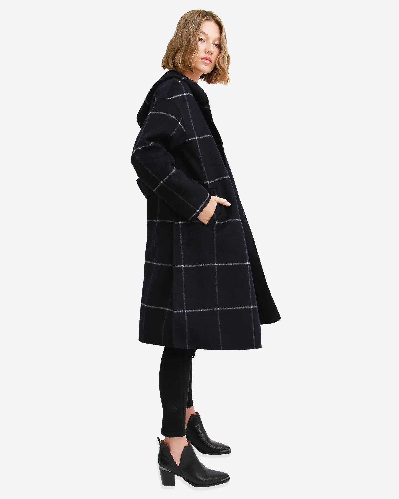 Walk This Way Wool Blend Oversized Coat  - Navy Plaid