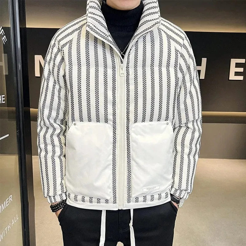 Winter Zipper Down Coat Jacket for Men with Vertical Stripe and Pockets Detailing