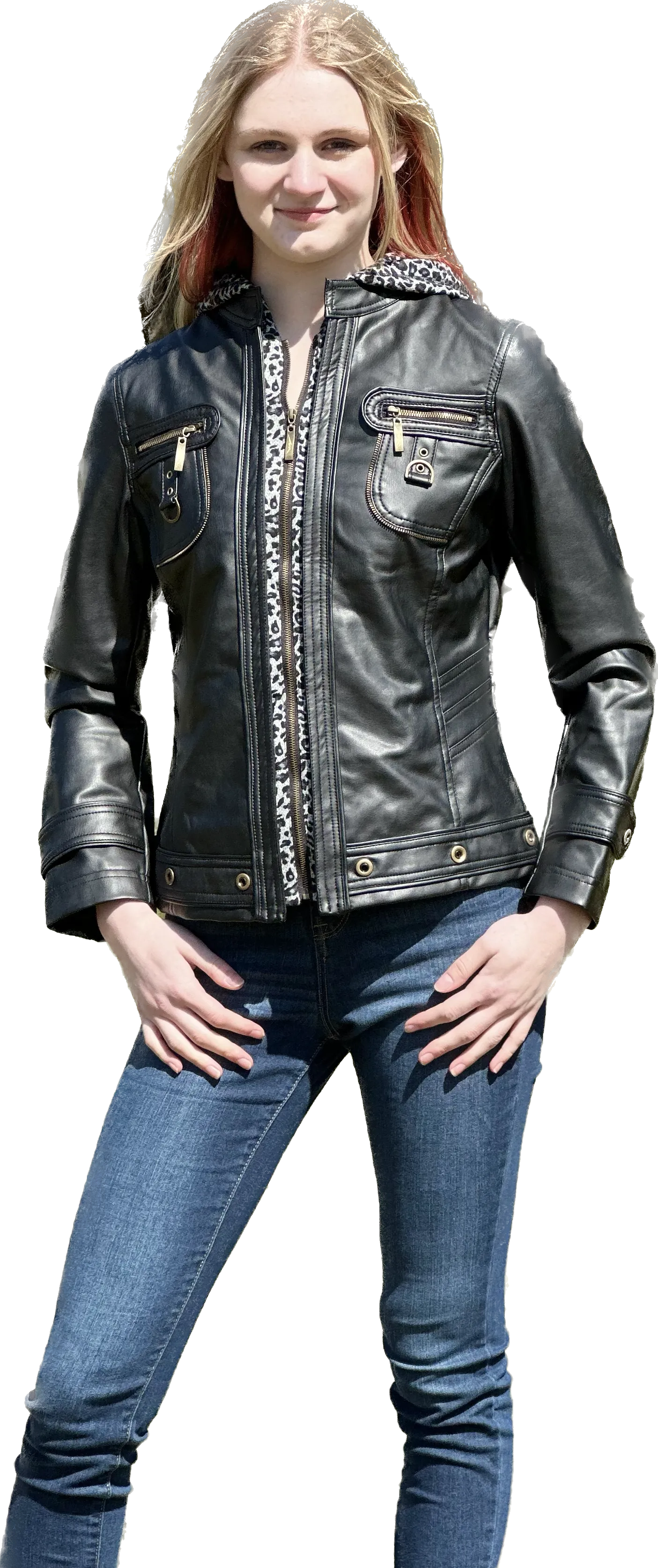 Women's Faux leather jacket with printed hood &front placket-801111-BLK