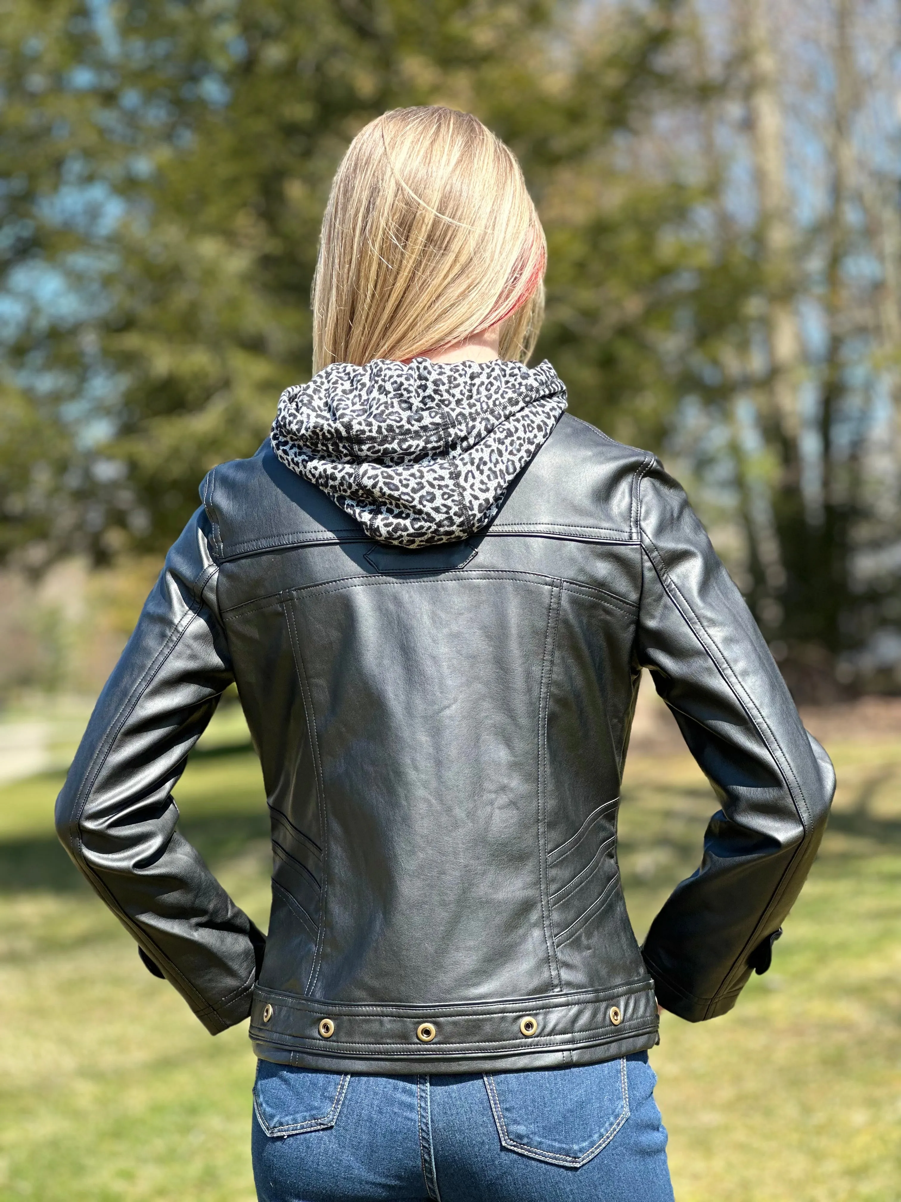 Women's Faux leather jacket with printed hood &front placket-801111-BLK