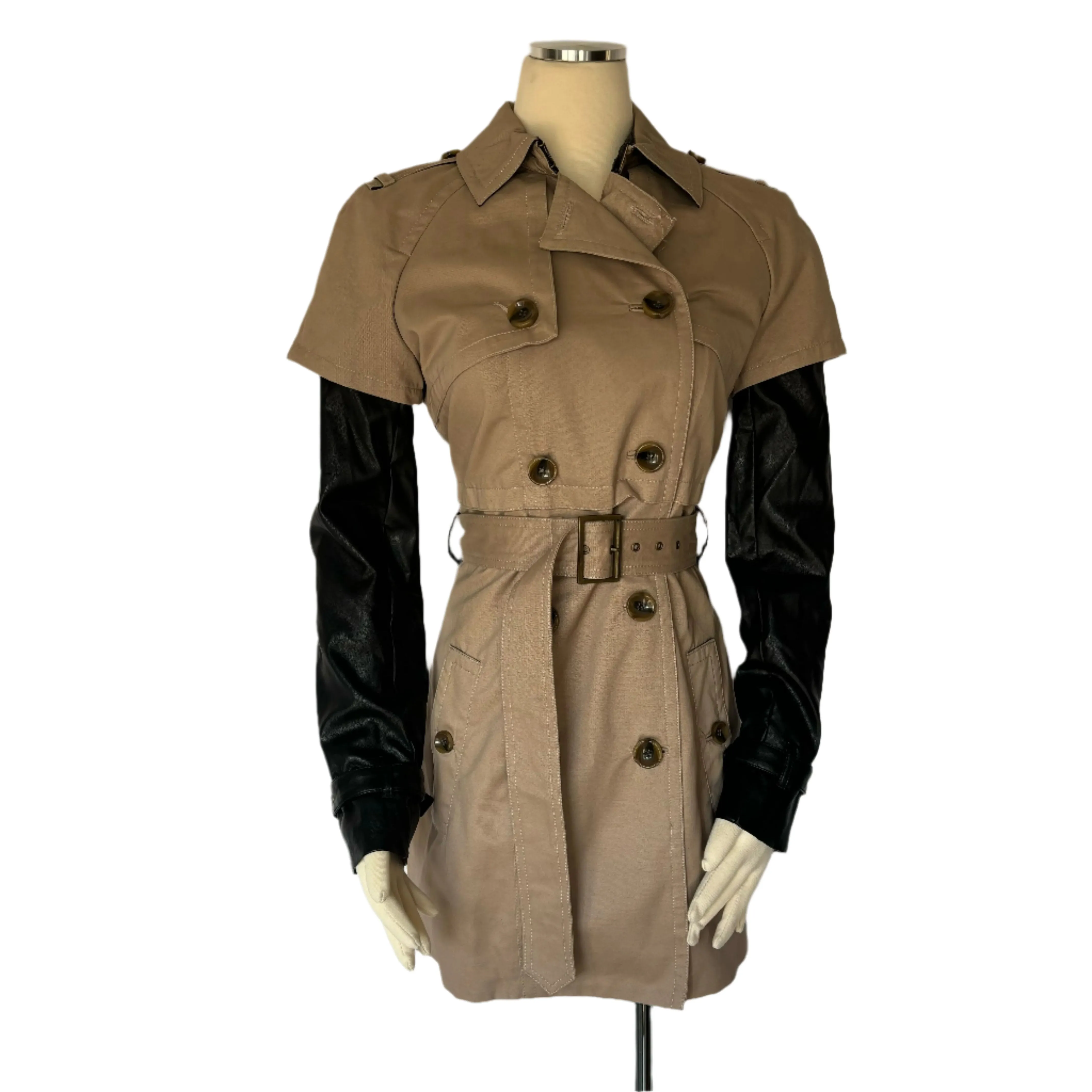 Women's Trench Coat With Faux Black Leather Sleeves