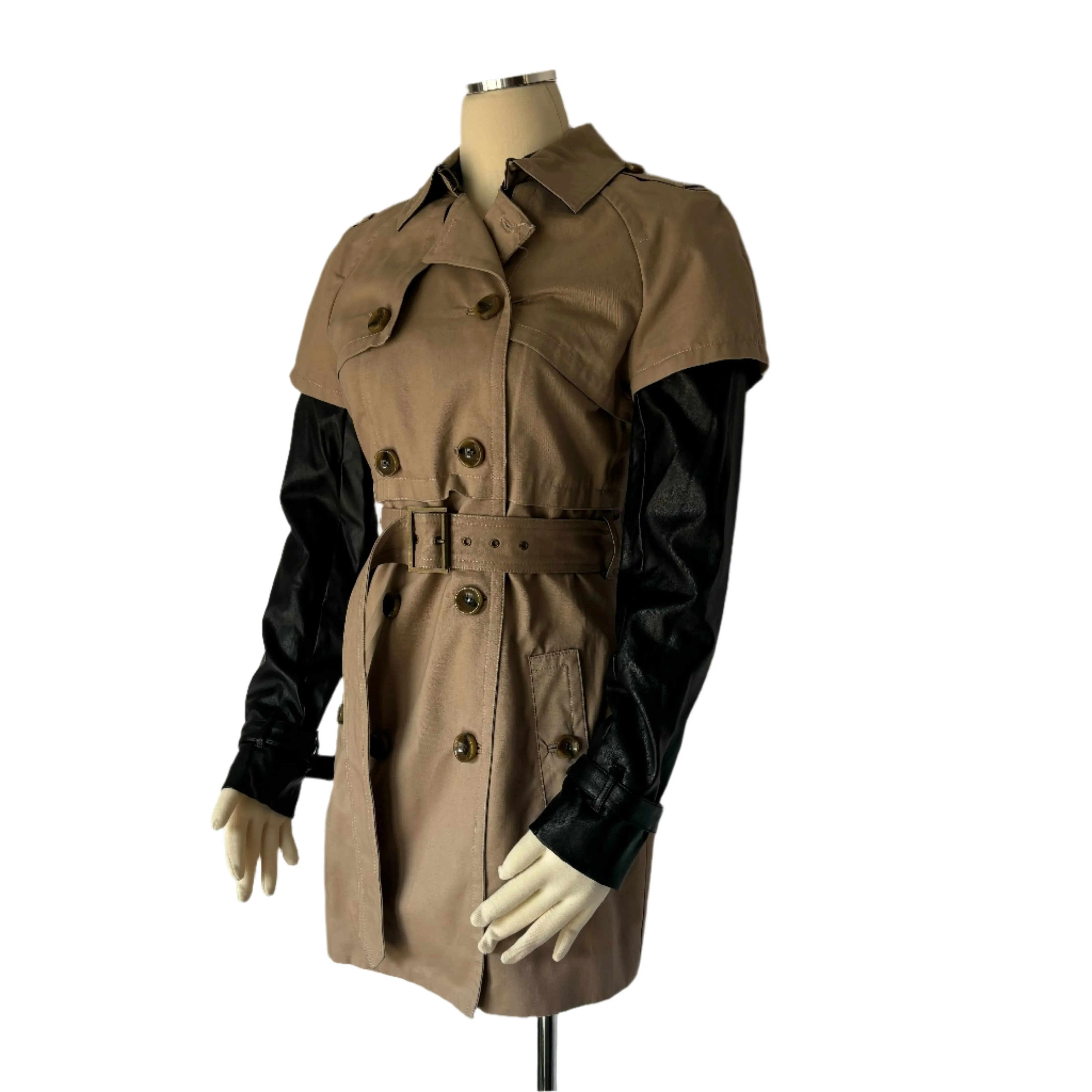 Women's Trench Coat With Faux Black Leather Sleeves