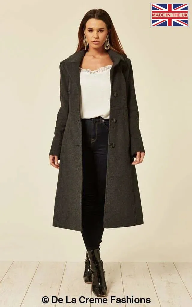 Wool Blend Hooded Mid Length Coat (1704)