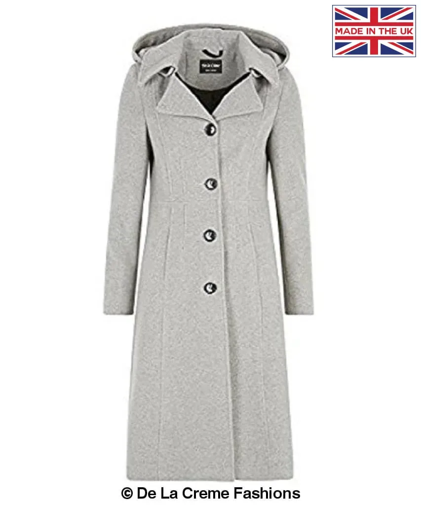 Wool Blend Hooded Mid Length Coat (1704)