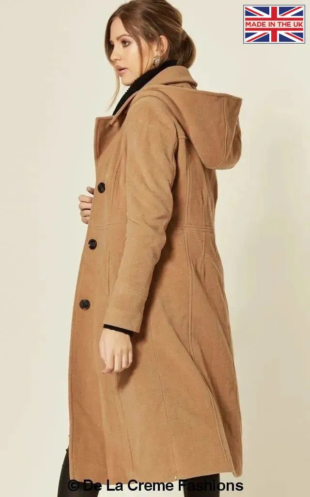 Wool Blend Hooded Mid Length Coat (1704)