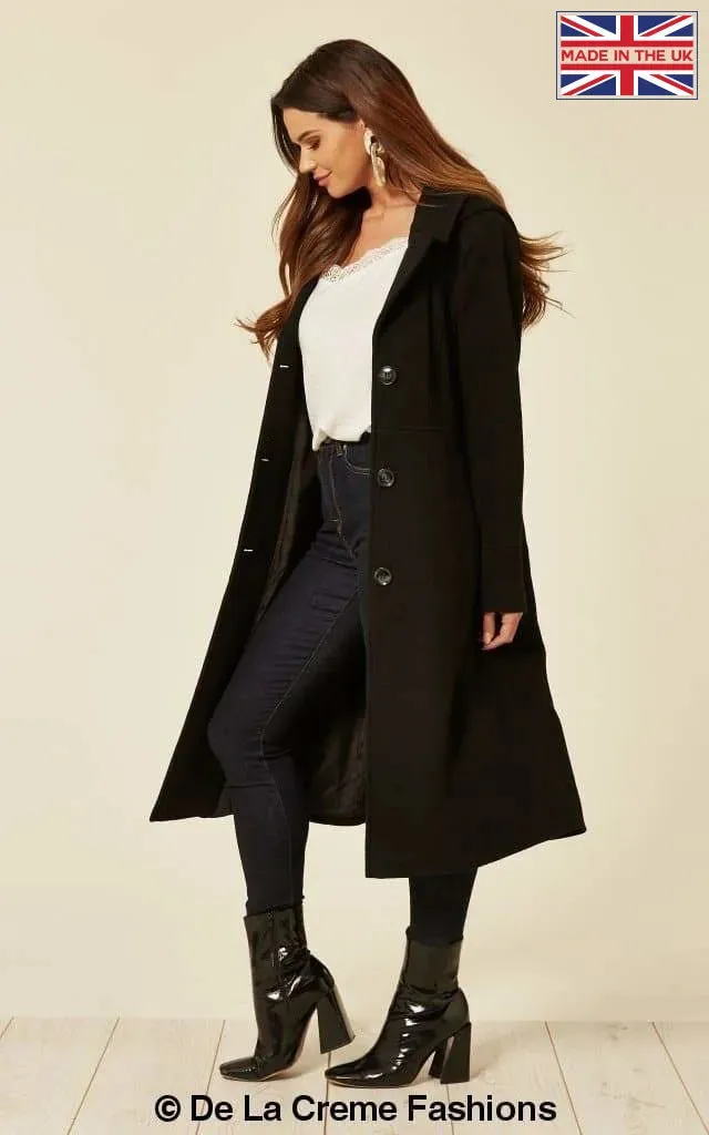 Wool Blend Hooded Mid Length Coat (1704)