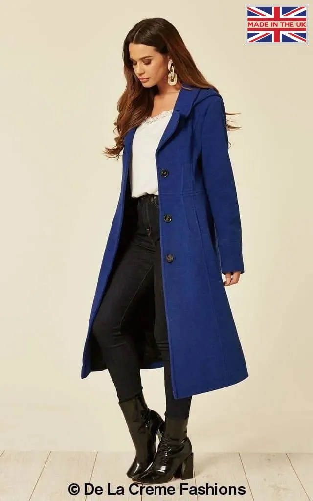 Wool Blend Hooded Mid Length Coat (1704)