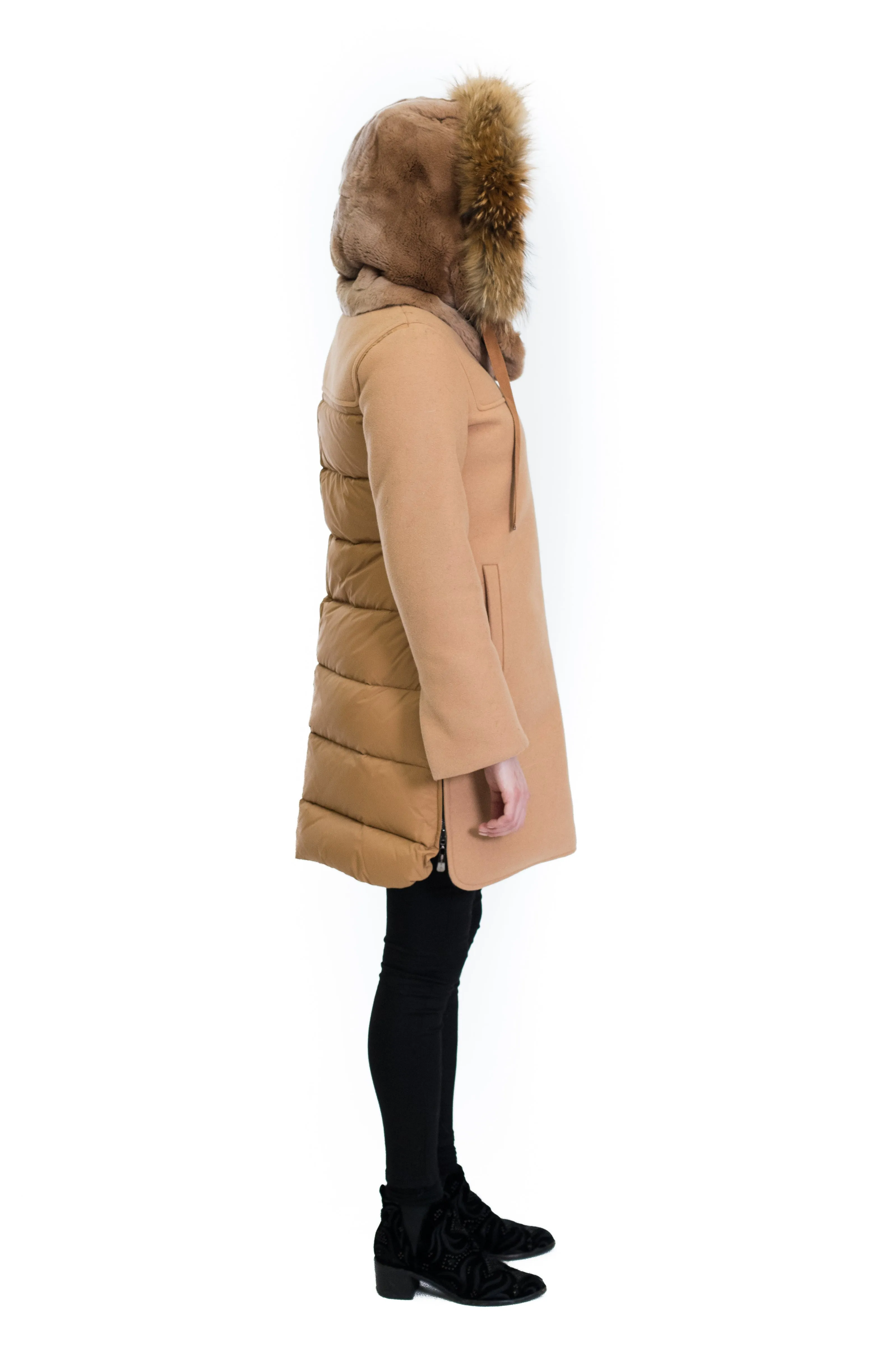 Wool/Microfabric Coat with Rex Hood and Raccoon Trim