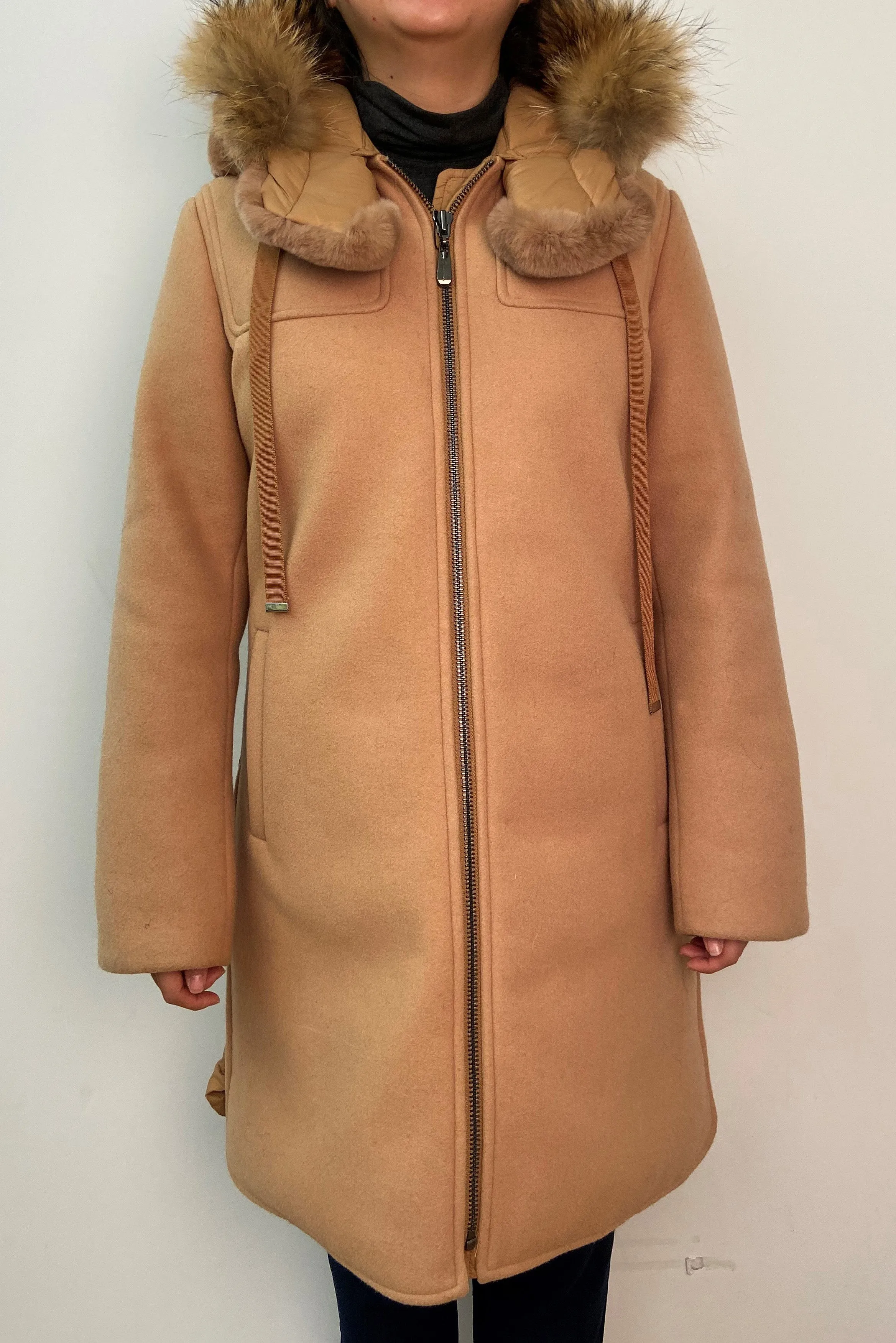 Wool/Microfabric Coat with Rex Hood and Raccoon Trim